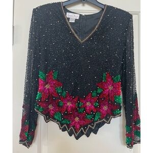Laurence Kazar Black and Silver Embellished Asymmetrical Blouse
